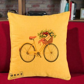 Perna Decorativa Bicicleta Galbena cu Cos de Flori Primavara, 40x40 cm, Galben, Husa Detasabila, Perna Inclusa, BEKZ®
