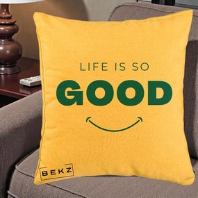 Perna Decorativa Life is So Good Mesaj Pozitiv, 40x40 cm, Galben, Husa Detasabila, Perna Inclusa, BEKZ®