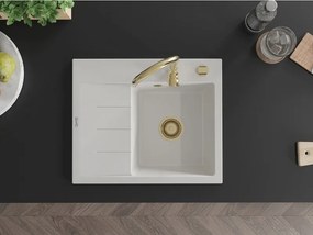 Mexen Ben chiuvetă granit cu 1 compartiment și scurgător, dreapta 600 x 500 mm, alb, sifon auriu - 6523605000-20-G