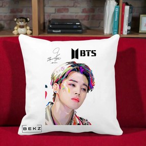 Perna Personalizata K-pop BTS Jimin Portret Artistic Multicolor cu Autograf, 40x40 cm, Alba Mata, Husa Detasabila, Perna Inclusa, BEKZ®