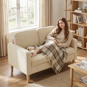 HOMCOM Canapea 2 locuri cu 2 perne decorative, depozitare, picioare din lemn masiv, loveseat mic modern, catifea côtelată, 117 x 63 x 79 cm, bej | Aosom Romania