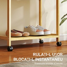HOMCOM Cuier de Podea cu Bară și 4 Roți, Economisire Spațiu, Cuier din Bambus cu Rafturi Inferioare, pentru Dormitor, Hol, 70x35x175 cm, Lemn Natural | Aosom Romania