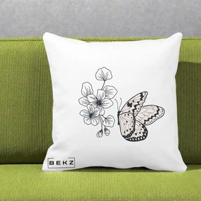 Perna Decorativa Fluture si Flori Linie Monocroma, 40x40 cm, Alba Mata, Husa Detasabila, Perna Inclusa, BEKZ®