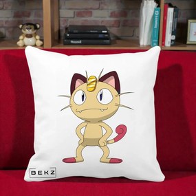 Perna Personalizata Meowth Pokemon, 40x40 cm, Alba Mata, Husa Detasabila, Perna Inclusa, BEKZ®