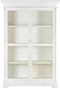 Vitrină vintage din lemn masiv de mango, alb, cu 2 uși vitrate, 3 rafturi și console sculptate, finisaj patinat, 209 x 140 x 55 cm, „Blanco”