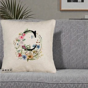 Cadou Personalizat - Perna Personalizata Monogram Litera C cu Flori Acuarela, 40x40 cm, Bej Canapea, Husa Detasabila, Perna Inclusa, BEKZ®