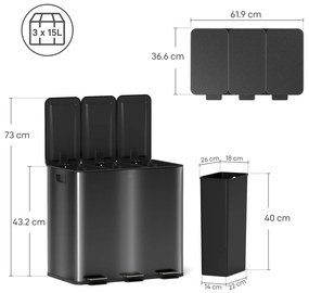 HOMCOM Coș de gunoi pentru bucătărie 45L cu 3 compartimente de 15L, capac, coșuri interioare detașabile, 3 x 15L, negru | Aosom Romania