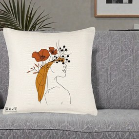 Perna Decorativa Portret Feminin Maci Rosii Auriu, 40x40 cm, Crem Reliefat, Husa Detasabila, Perna Inclusa, BEKZ®