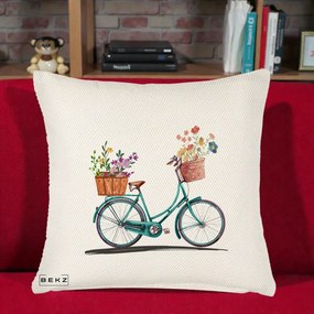 Perna Decorativa Bicicleta Florala Turcoaz Acuarela, 40x40 cm, Crem Reliefat, Husa Detasabila, Perna Inclusa, BEKZ®