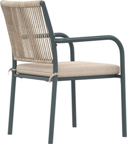 Set mobilier de grădină modern, 5 piese, masă rotundă cu blat din sticlă securizată, 4 scaune cu brațe cu spătar din sfoară, Gri