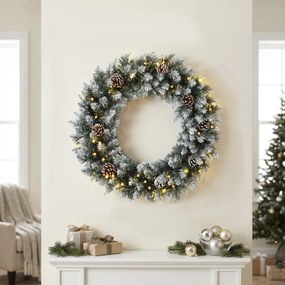 HOMCOM Coroniță de Crăciun 60 cm cu lumini LED, 8 moduri, 140 ramuri, conuri de pin, verde | Aosom Romania
