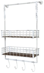 Etajera, alba, din metal si lemn, cu 4 agatatori, aspect vintage, Sia