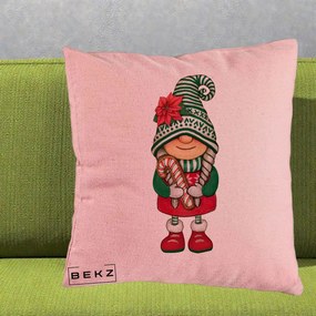 Perna Decorativa Gnom Craciun Verde cu Bomboane si Floare, 40x40 cm, Roz, Husa Detasabila, Perna Inclusa, BEKZ®