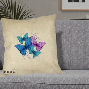 Perna Decorativa Patru Fluturi Turcoaz-Violet, 40x40 cm, Crem, Husa Detasabila, Perna Inclusa, BEKZ®