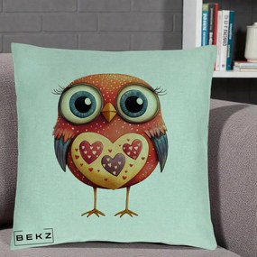 Perna Decorativa Bufnita Rosie cu Inimi Aurii, 40x40 cm, Verde Menta, Husa Detasabila, Perna Inclusa, BEKZ®