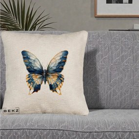 Perna Decorativa Fluture Albastru Auriu Elegant, 40x40 cm, Bej Canapea, Husa Detasabila, Perna Inclusa, BEKZ®