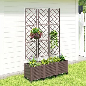 Outsunny Jardinieră Înălțată cu Grilaj 130L, Pat pentru Grădină Înălțat de Exterior cu Roți Blocabile, Sistem de Autoirigare, Găuri de Drenaj pentru Plante Cățărătoare, Legume, Flori, Maro | Aosom Romania