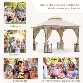 Outsunny Pavilion de Grădină cu Acoperiș Dublu din metal și Poliester,Bej, 3x3m