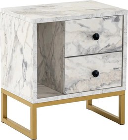Noptiera GLIMMER, alb cu efect de marmura/auriu, PAL/metal, 46x30x50 c