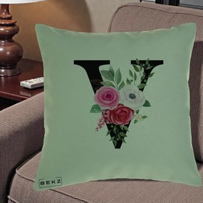 Cadou Personalizat - Perna Personalizata Monograma Florala Litera V cu Buchet, 40x40 cm, Verde, Husa Detasabila, Perna Inclusa, BEKZ®