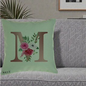 Cadou Personalizat - Perna Personalizata Monograma Rose Gold Litera M cu Trandafiri, 40x40 cm, Verde, Husa Detasabila, Perna Inclusa, BEKZ®