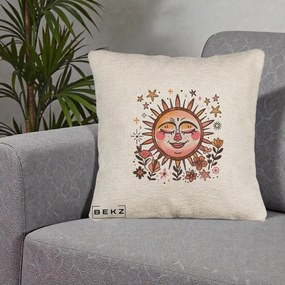 Perna Decorativa Soare Retro Boho Floral, 40x40 cm, Bej Canapea, Husa Detasabila, Perna Inclusa, BEKZ®