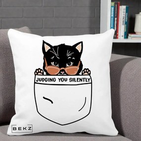 Perna Decorativa Judging You Silently Pisica Buzunar, 40x40 cm, Alba Mata, Husa Detasabila, Perna Inclusa, BEKZ®