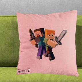 Perna Personalizata Minecraft Steve si Alex, 40x40 cm, Roz, Husa Detasabila, Perna Inclusa, BEKZ®