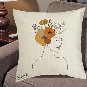Perna Decorativa Portret Feminin Flori Galbene-Portocalii, 40x40 cm, Ecru, Husa Detasabila, Perna Inclusa, BEKZ®