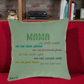 Cadou pentru Mama - Perna Personalizata Mama Cel Dintai Cuvant cu Text Colorat Multicolor, 40x40 cm, Verde, Husa Detasabila, Perna Inclusa, BEKZ®
