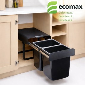 Cos gunoi incorporabil Ecomax Ekko Black Bio 40, cu extragere totala, colectare selectiva, negru, 2 x 16 l H:365 mm; L:355 mm; A:473 mm, Plastic 100%