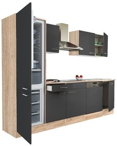 Mobilă de bucătărie Yorki 280, corp din stejar sonoma, față antracit satinat, frigider cu congelator în partea de jos
