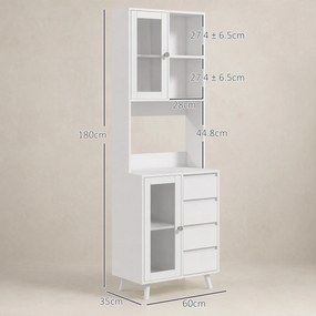HOMCOM Servantă Înaltă de Bucătărie cu Uși din Sticlă, 2 Rafturi Deschise, 4 Sertare, Rafturi Reglabile, 60x35x180 cm, Alb | Aosom Romania