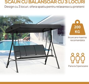 Outsunny Leagăn de Grădină pentru 3 Persoane cu Acoperiș, Șezut Respirabil și Cadru din Oțel, Negru | Aosom Romania