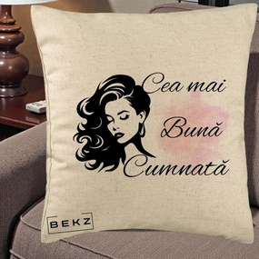 Cadou pentru Cumnata - Perna Personalizata Cea mai Buna Cumnata cu Silueta Dama si Pete Roz, 40x40 cm, Bej, Husa Detasabila, Perna Inclusa, BEKZ®