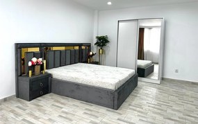 Dormitor Napoli, culoare gri / alb, cu pat Napoli 160 x 200 cm, dressing Erika 150 cm si 2 noptiere Napoli