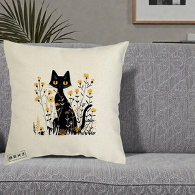 Perna Decorativa Pisica Neagra Ochi Galbeni Flori Galbene, 40x40 cm, Ecru, Husa Detasabila, Perna Inclusa, BEKZ®