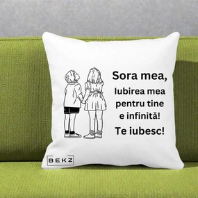 Cadou pentru Sora - Perna Personalizata Sora Mea Te Iubesc Copii Tinand Maini Line Art, 40x40 cm, Alba Mata, Husa Detasabila, Perna Inclusa, BEKZ®