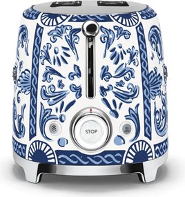 Prajitor de paine SMEG Dolce & Gabbana Blu Mediterraneo TSF01DGBEU, 950 W, 2 felii, 6 trepte, Tava pentru firimituri, Cablu integrat, Otel inoxidabil, Albastru