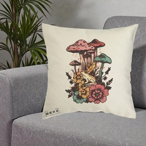 Perna Decorativa Ciuperci si Broaste Boho, 40x40 cm, Ecru, Husa Detasabila, Perna Inclusa, BEKZ®