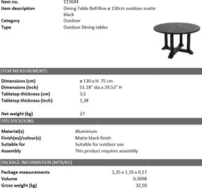 Masa pentru interior si exterior Bell Rive negru, 130cm 113644 HZ