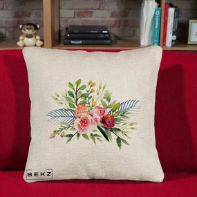 Perna Decorativa Buchet Flori Acuarela Roz-Verde, 40x40 cm, Bej Canapea, Husa Detasabila, Perna Inclusa, BEKZ®