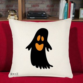 Perna Decorativa Halloween Fantoma Neagra cu Ochi Portocalii, 40x40 cm, Crem Reliefat, Husa Detasabila, Perna Inclusa, BEKZ®