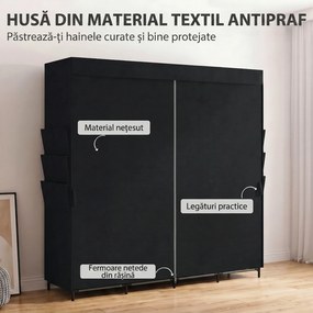 HOMCOM Dulap Textil Compact cu 5 Bare, 4 Rafturi, 6 Buzunare Laterale, Uși Antipraf cu Fermoar, Negru | Aosom Romania