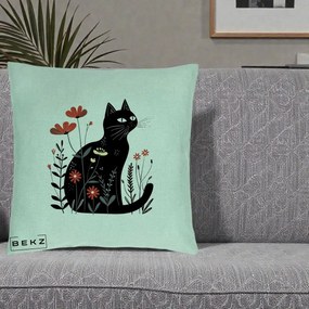 Perna Decorativa Pisica Neagra Flori Rosii Folk, 40x40 cm, Verde Menta, Husa Detasabila, Perna Inclusa, BEKZ®