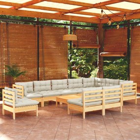 3096761 vidaXL Set mobilier grădină cu perne crem, 11 piese, lemn masiv de pin