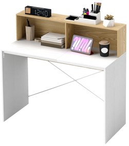 HOMCOM Birou cu depozitare 110 x 50 cm, 2 compartimente deschise și raft de depozitare, alb și natural | Aosom Romania