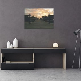 Tablou pe sticlă - Ponton de lemn, lac (70x50 cm)