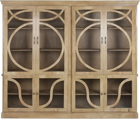 Vitrină din lemn de mango, natur, cu 8 uși vitrate, 6 rafturi și decor cu cercuri, 205 x 240 x 50 cm, „Barbentane”