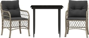 vidaXL Set bistro cu perne, 3 piese, gri deschis, poliratan